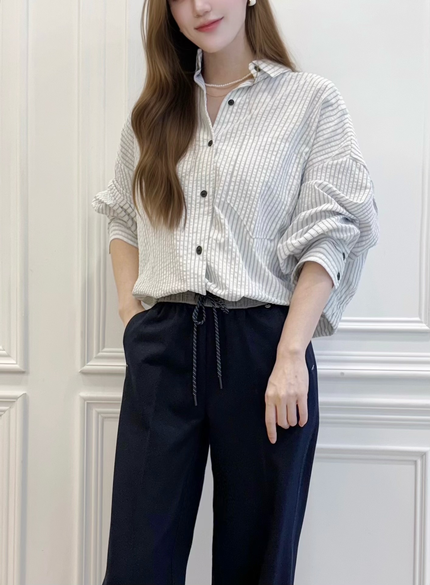 (揉皺空氣感)直條紋鈕釦襯衫