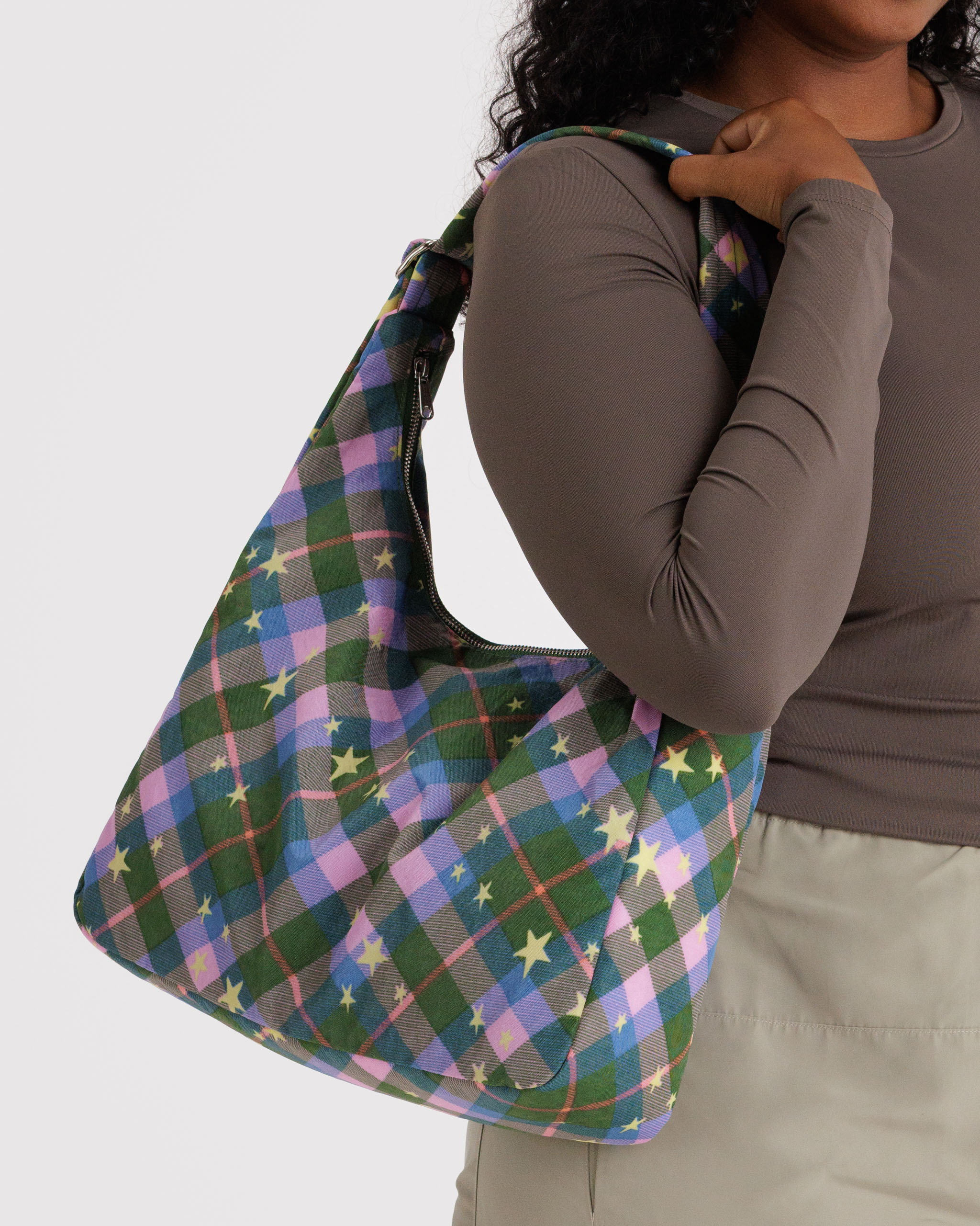 Nylon Shoulder Bag - Green Star Plaid | BAGGU