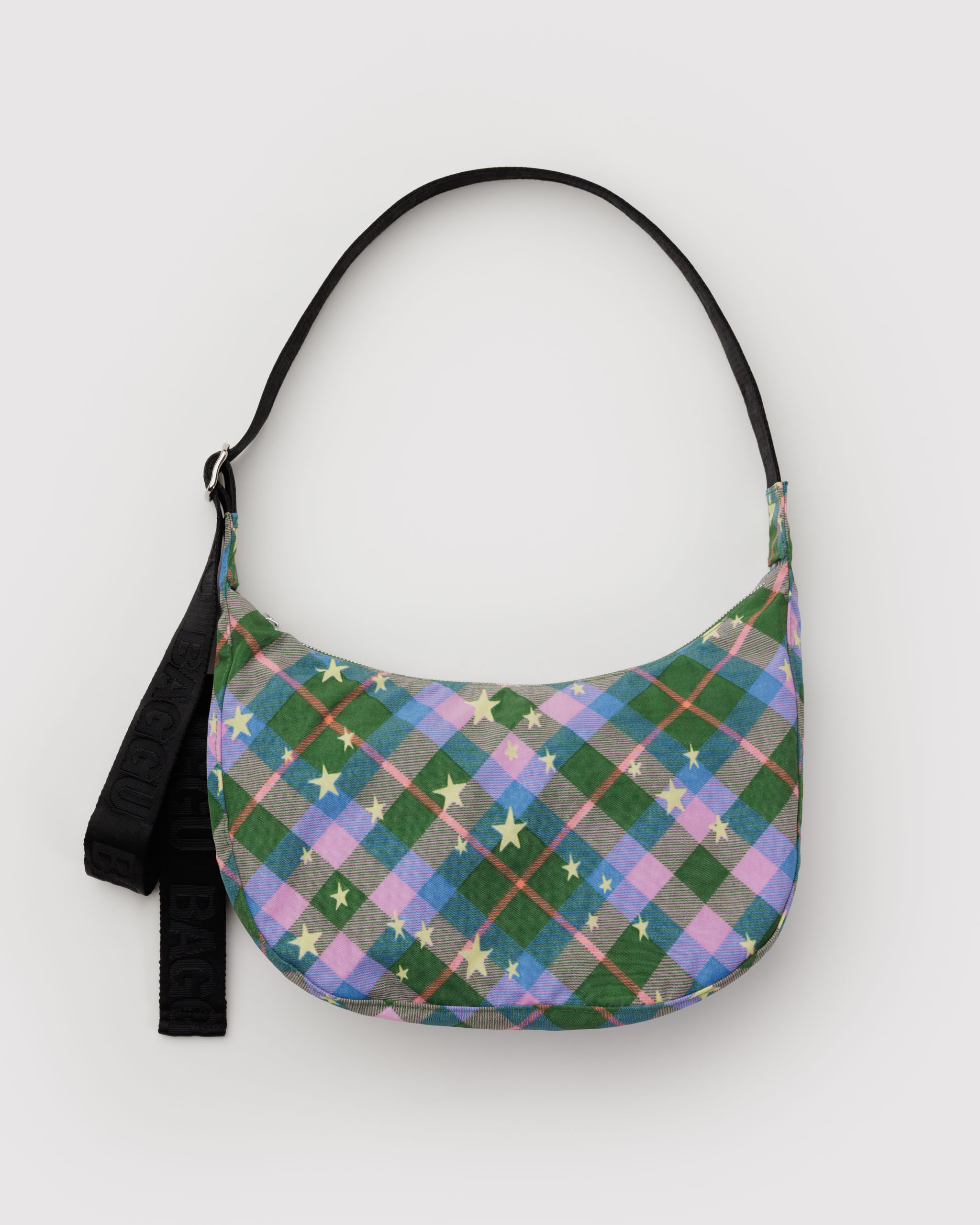 Medium Nylon Crescent Bag - Green Star Plaid | BAGGU