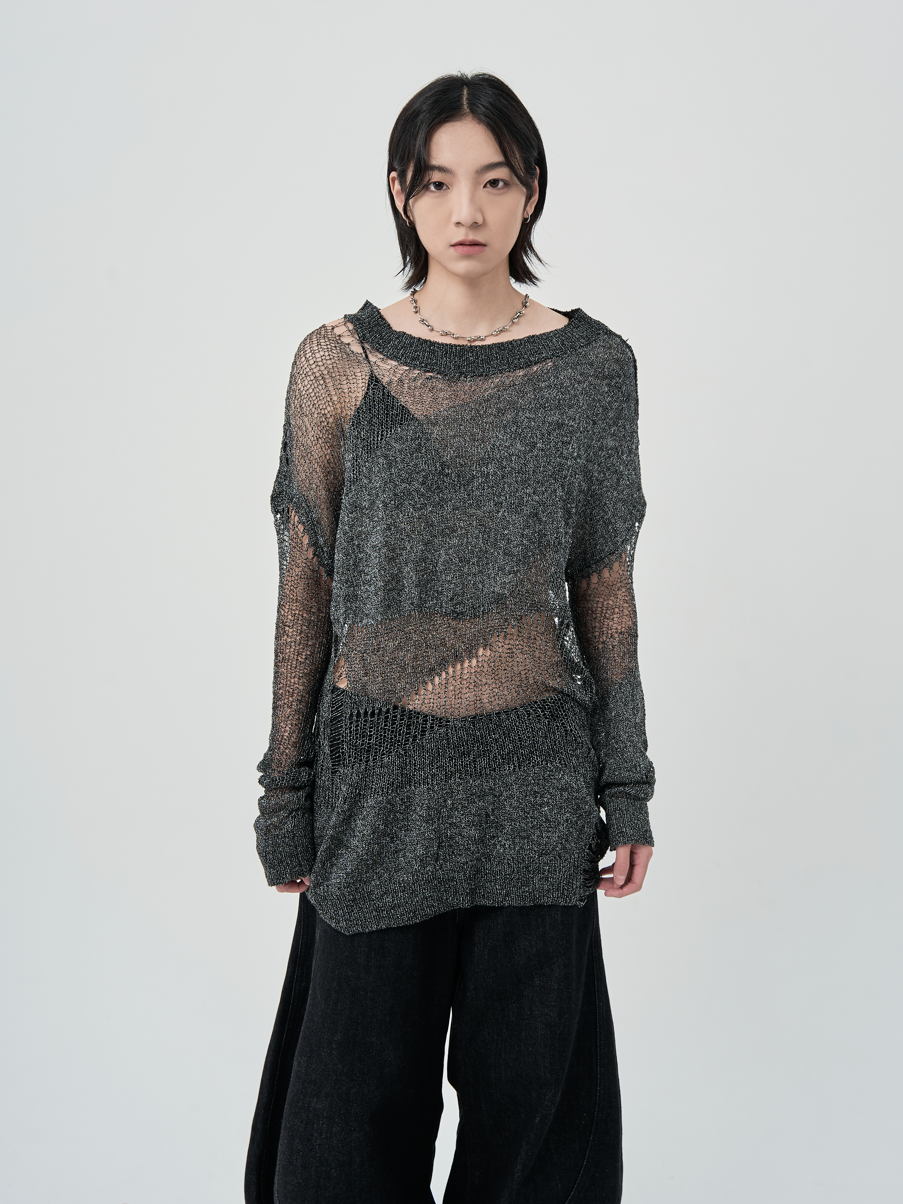 不規則簍空針織長袖-深