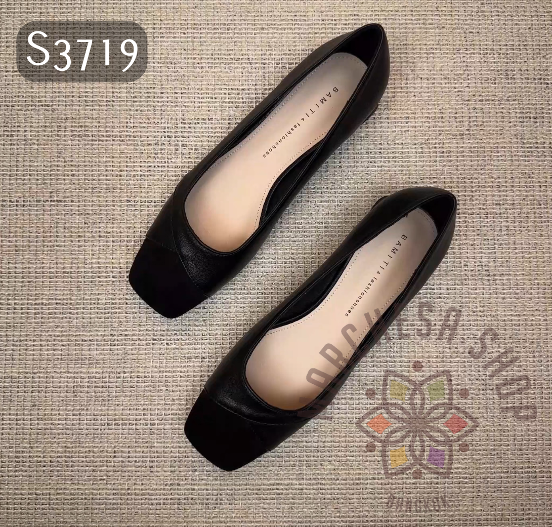 S3719 - 全真皮羊猄拼皮方頭低踭鞋