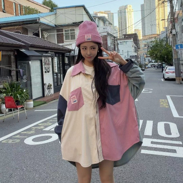 韓國 太妍家 25FW 新品 拼接配色燈芯絨襯衫