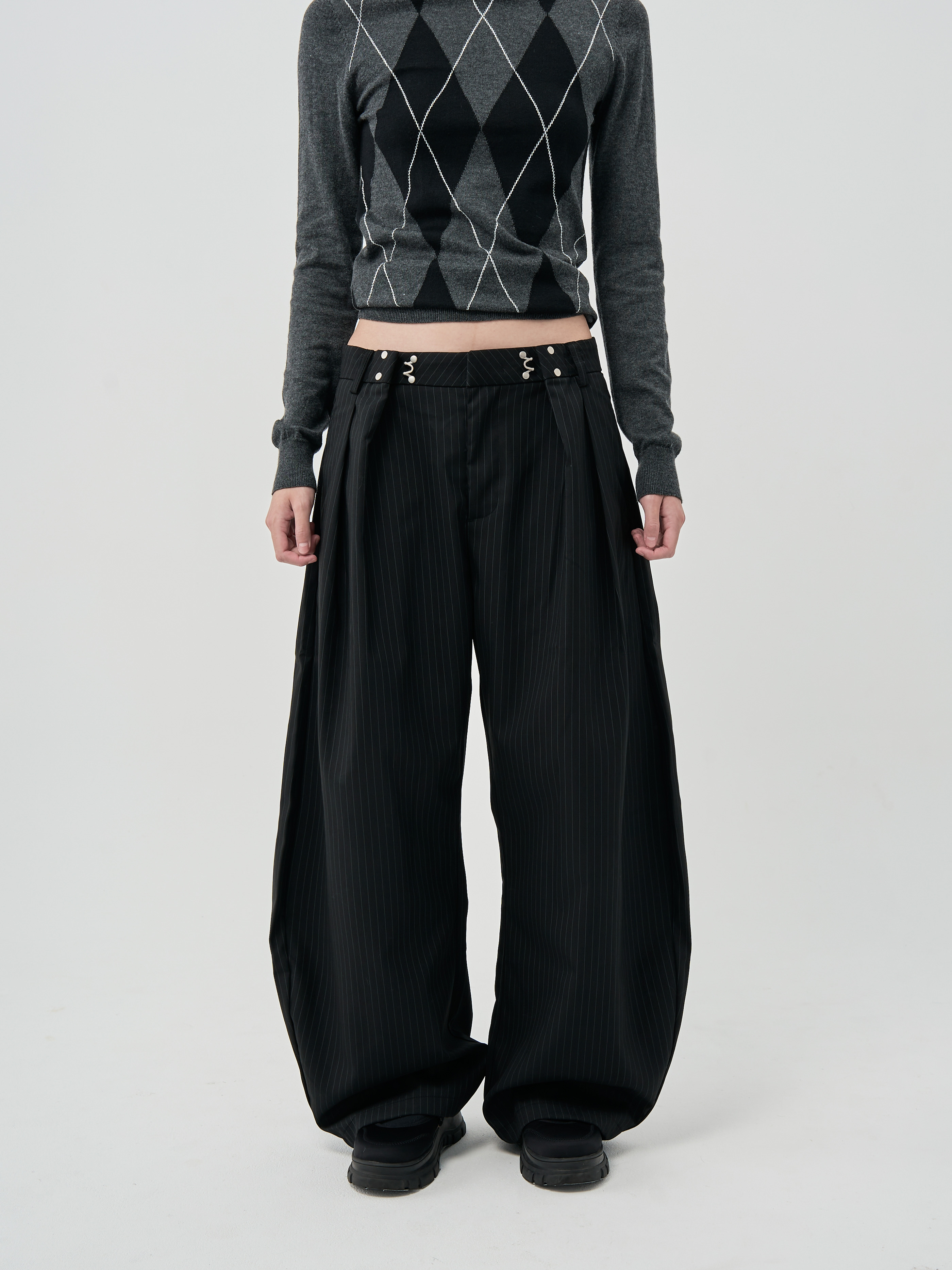 調節釦繭形條紋西裝褲