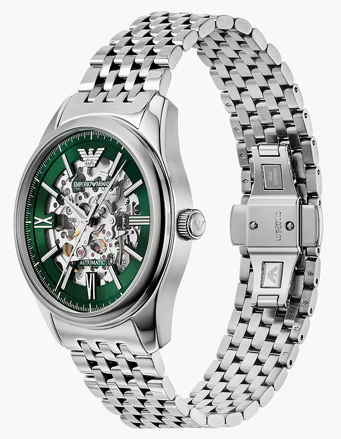 萬年鐘錶 - ARMANI  綠面透視鏤空機械不鏽鋼男錶 AR60091  錶徑43MM