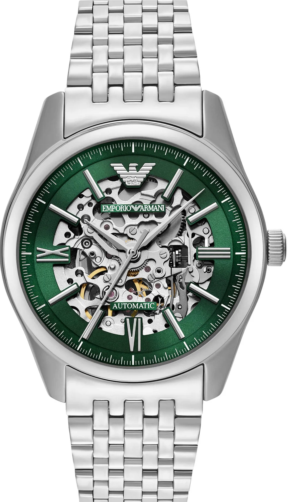 萬年鐘錶 - ARMANI  綠面透視鏤空機械不鏽鋼男錶 AR60091  錶徑43MM