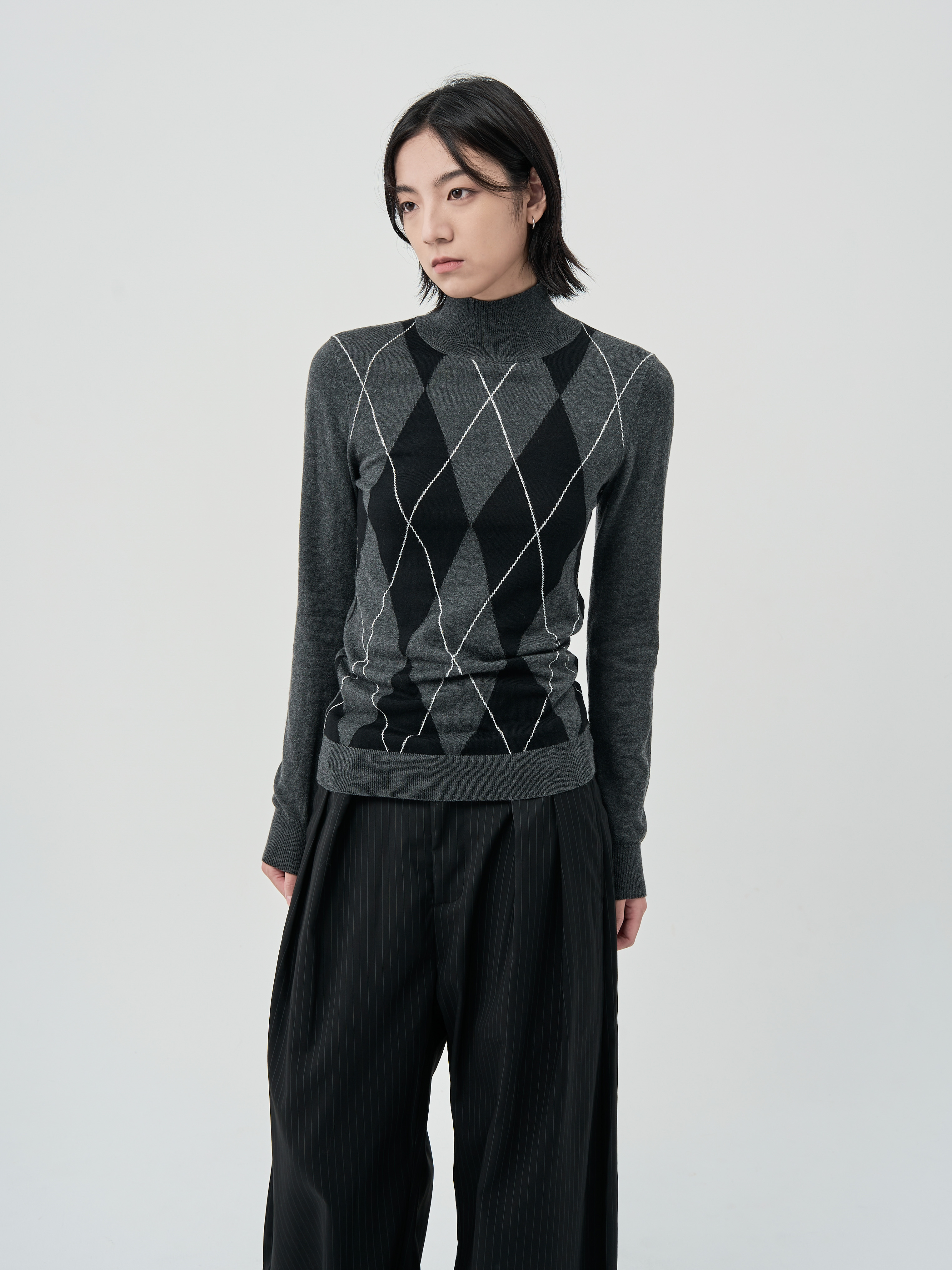 混羊毛菱格灰針織長袖
