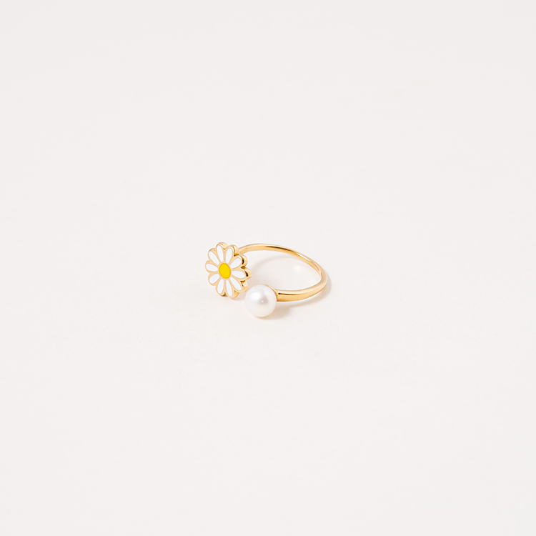 miramira混搭｜單環白色寶石單顆珍珠小花戒指A2349-金64959