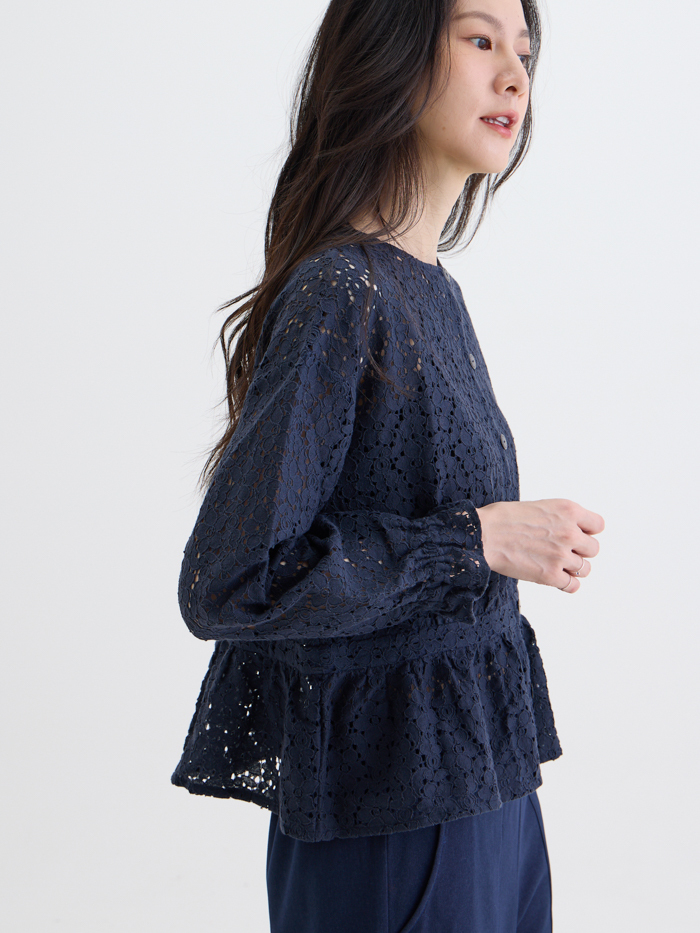 花影十分蕾絲罩衫上衣-藏青