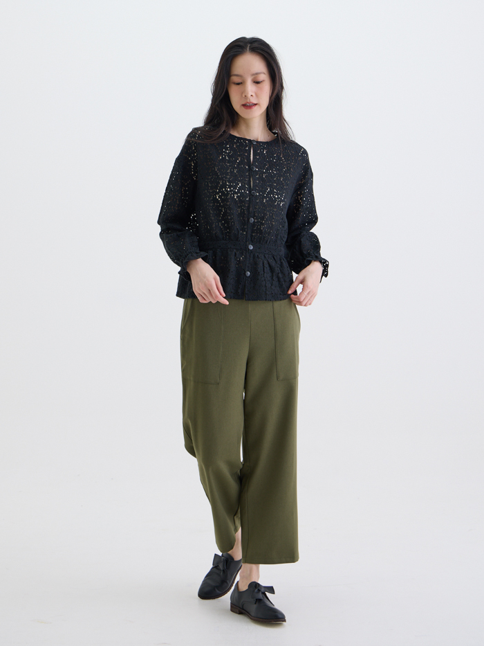 花影十分蕾絲罩衫上衣-石黑