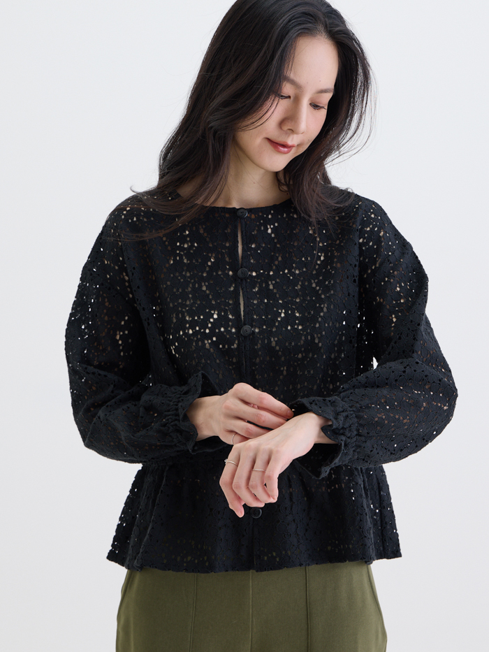花影十分蕾絲罩衫上衣-石黑