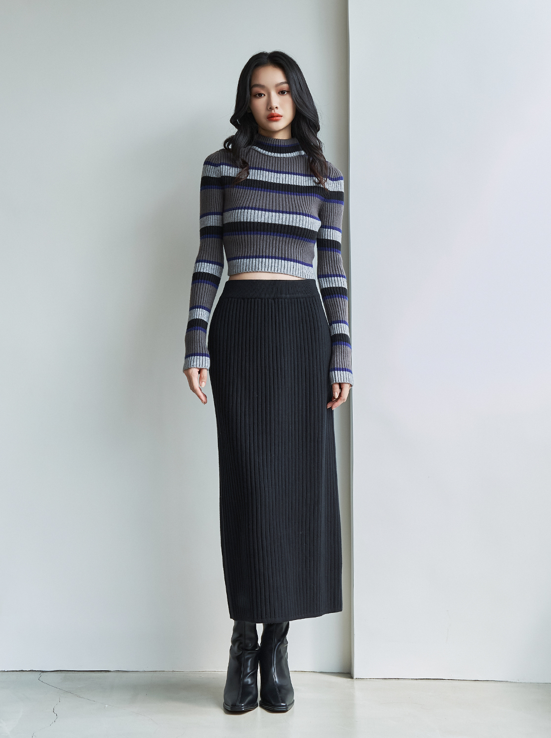 【期間限定】柔軟坑條長裙