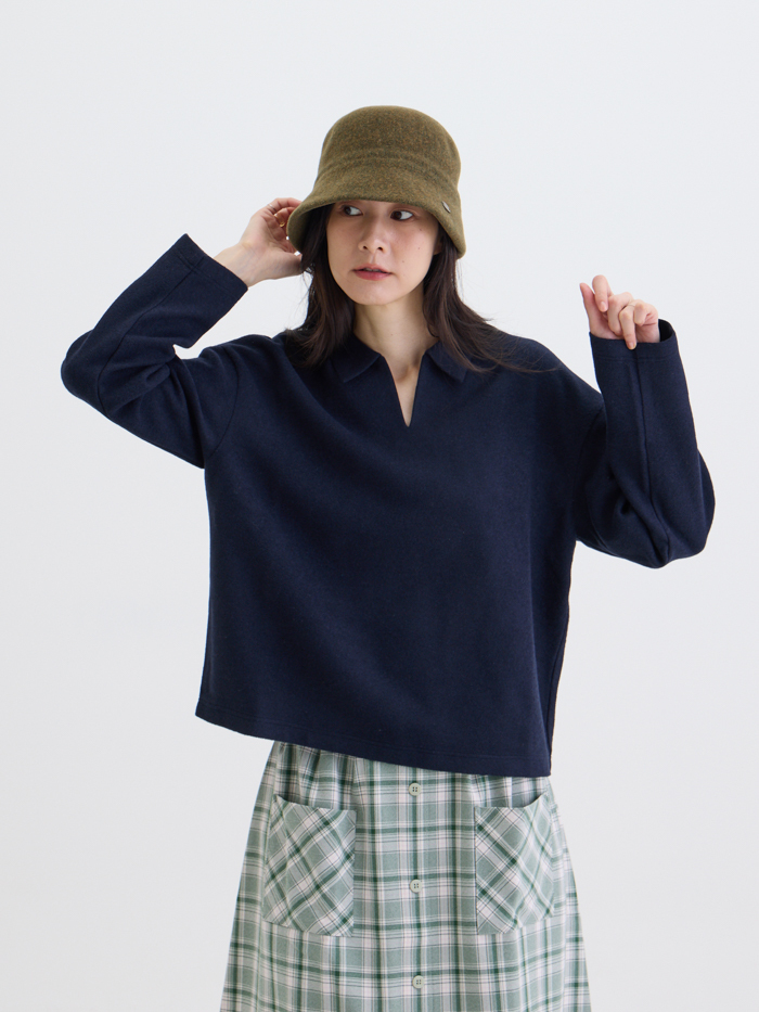 奈特小領長袖落肩上衣-藏青