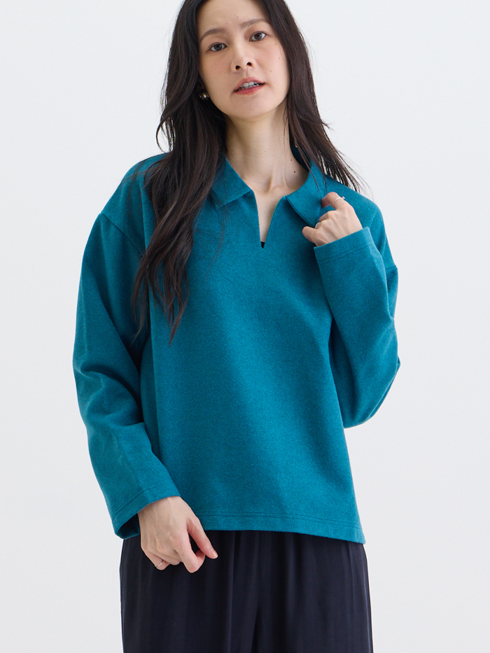 奈特小領長袖落肩上衣-水草