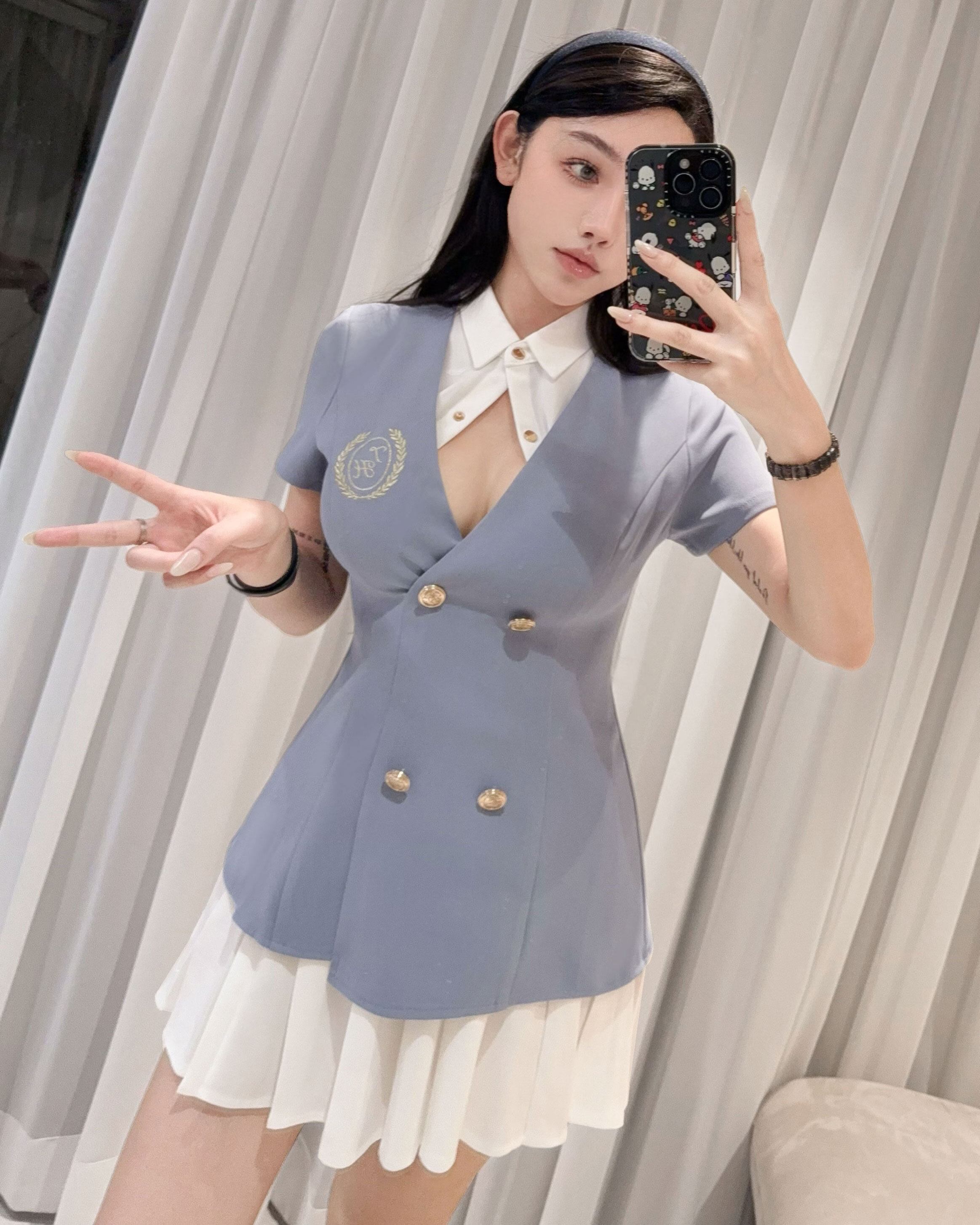 ⭒訂製-學院風刺繡百褶襯衫洋