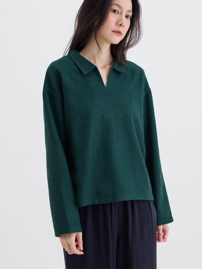 奈特小領長袖落肩上衣-夜綠