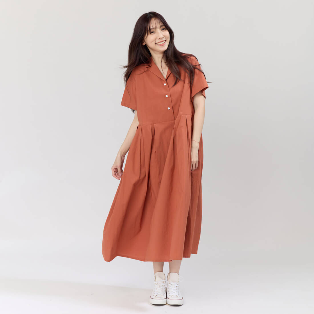 Nicole有領短袖箱褶洋裝/磚橘