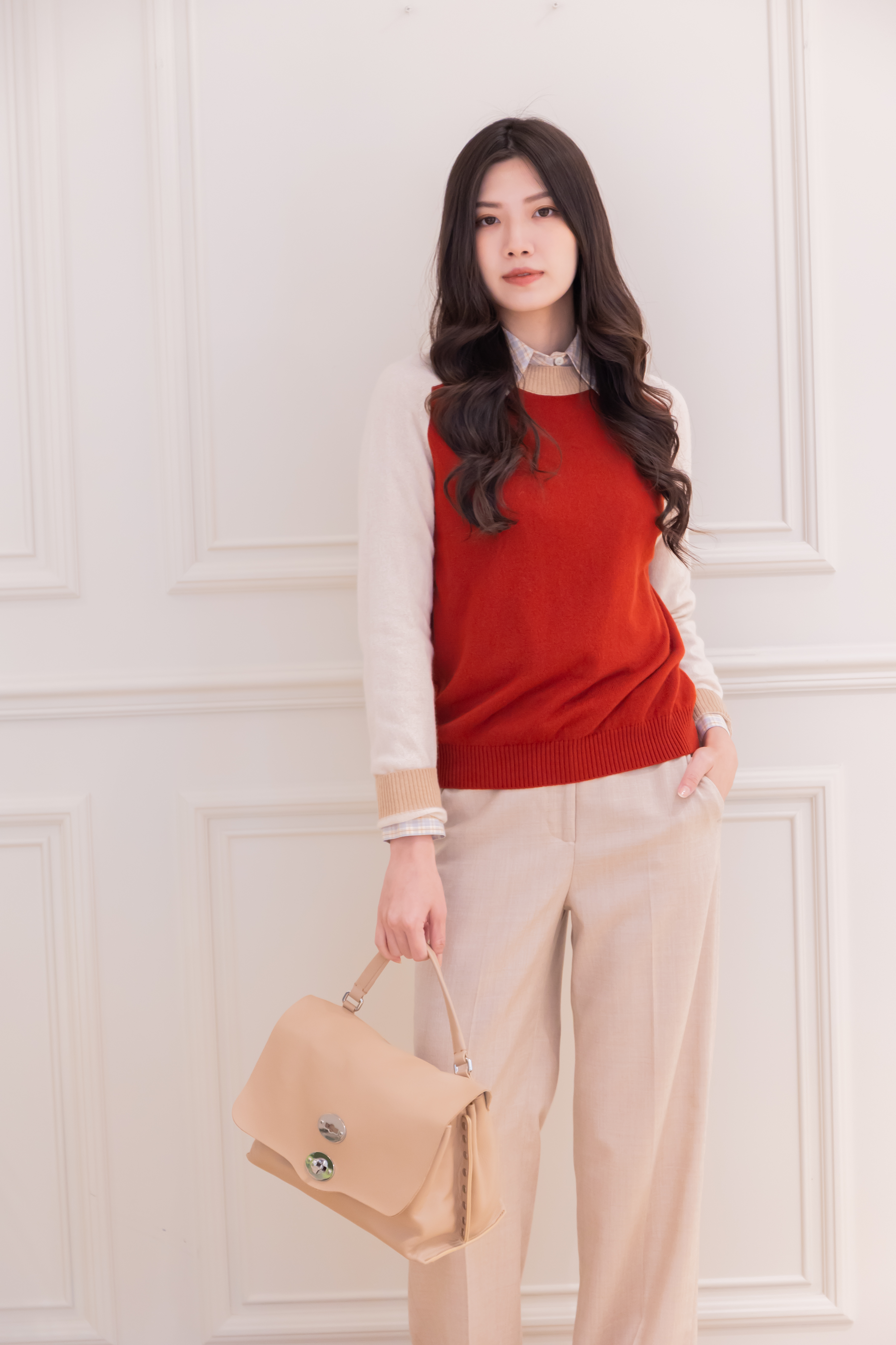 LORENA 圓領拚色羊絨上衣(紅)