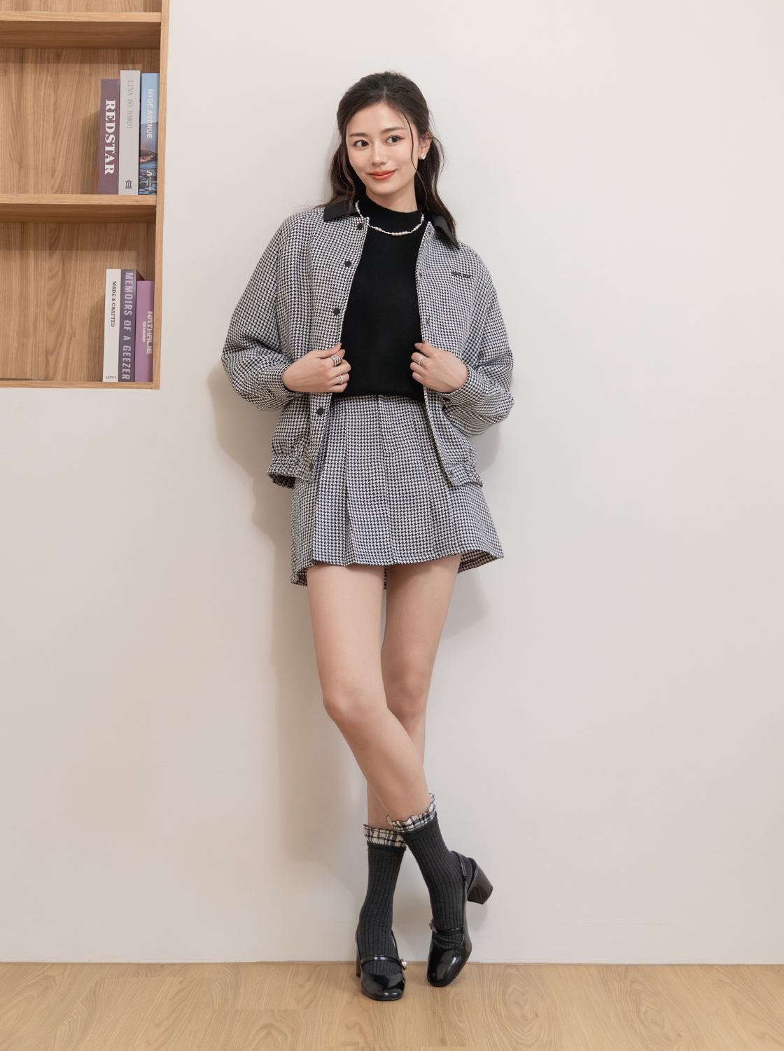 【成套組合價1380】千鳥格小繡花短裙