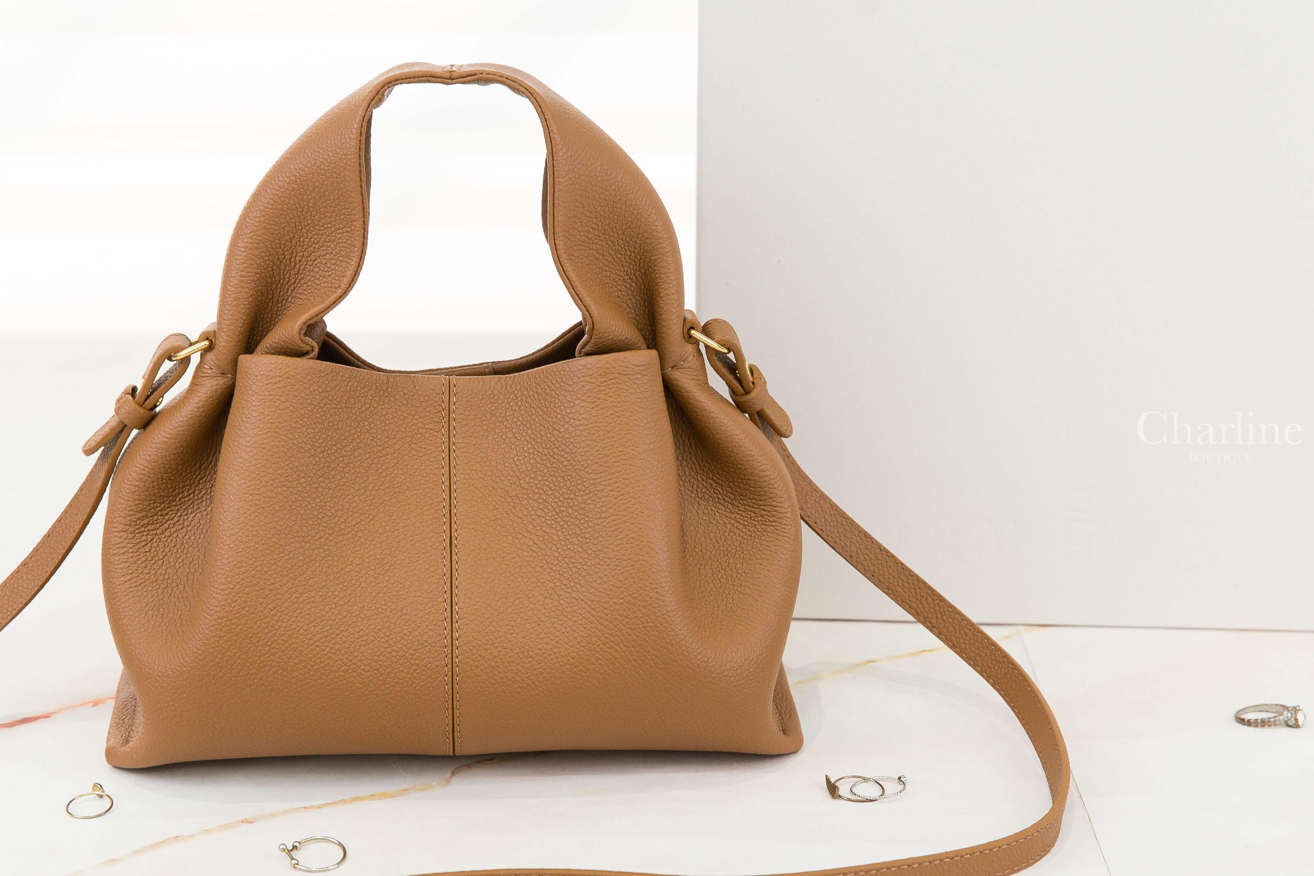 Polène Numéro Neuf Mini 駝色迷你側邊金字顆粒小牛皮手提肩背包-Charline Boutique 精品代購