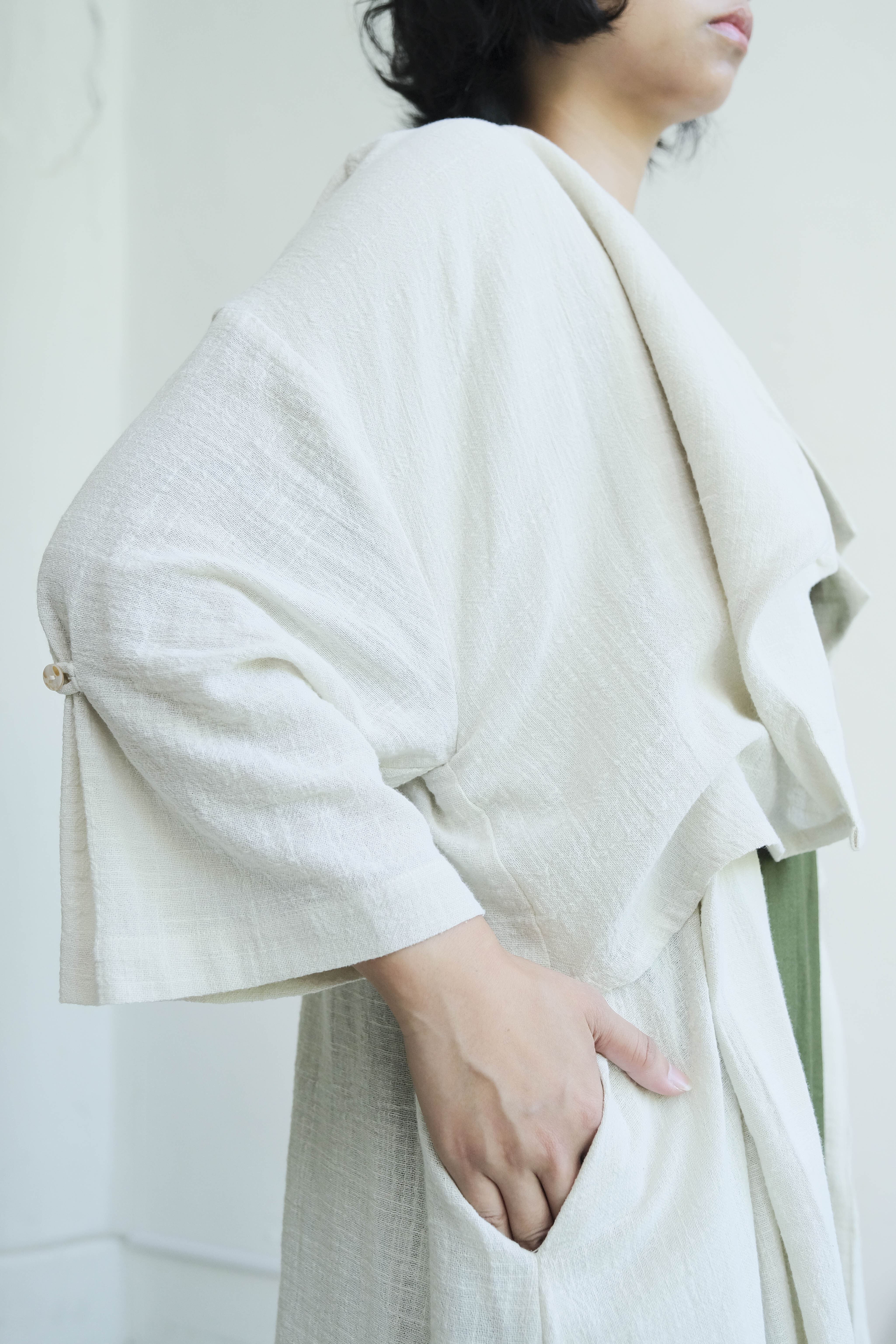層次感風衣外套 / 棉麻 灰白
