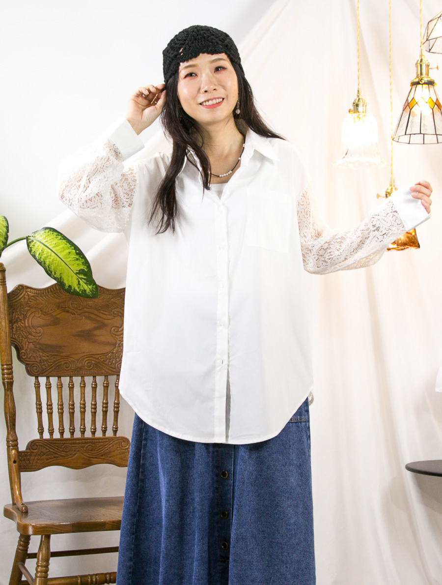 ⬇️開倉低至半價😱FINALSALE📣  全開胸扣鈕．手袖 後幅 LACE．恤衫料TOP【不設退換】