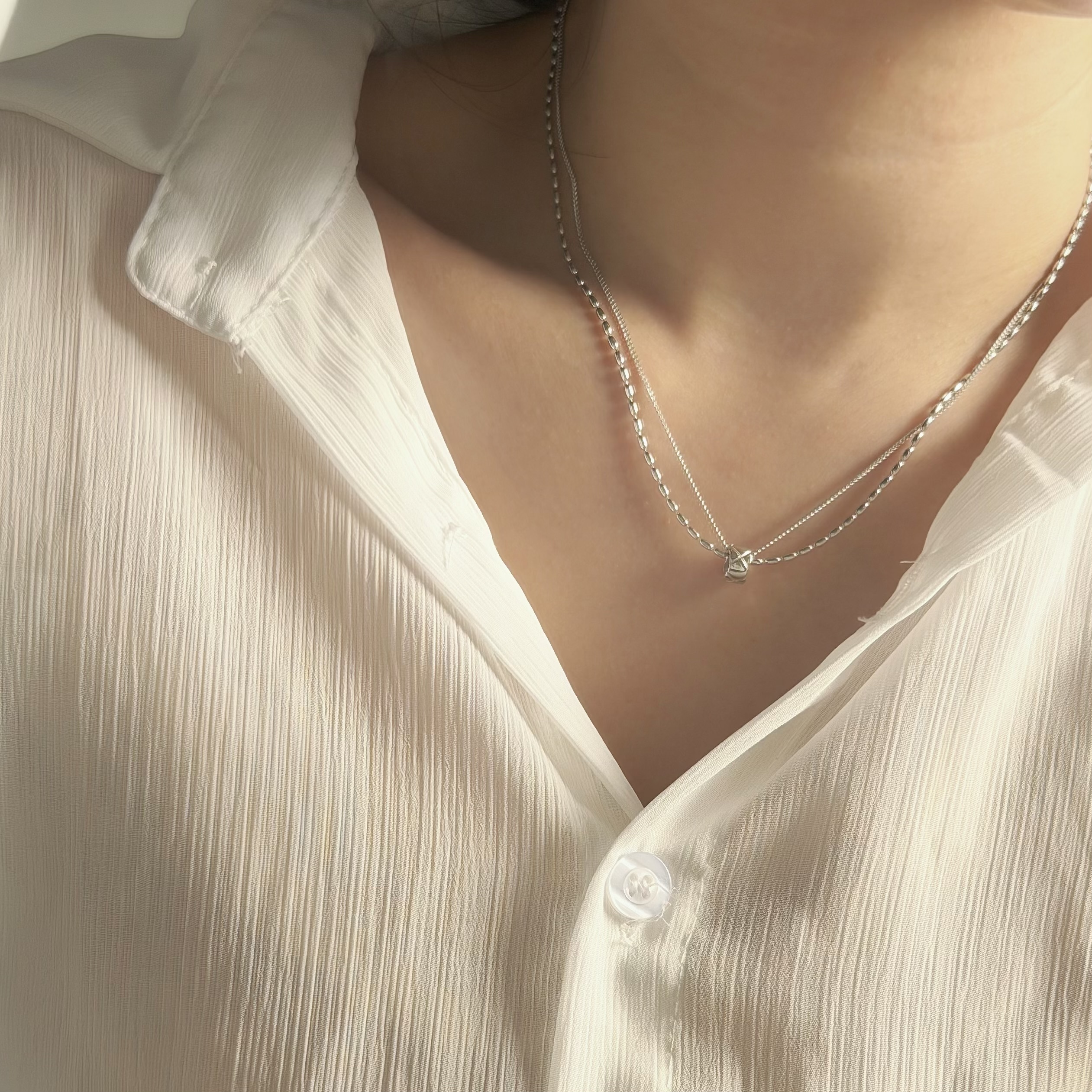 Y200【輕奢】菱格紋圓環米粒雙鏈純銀鎖骨鏈