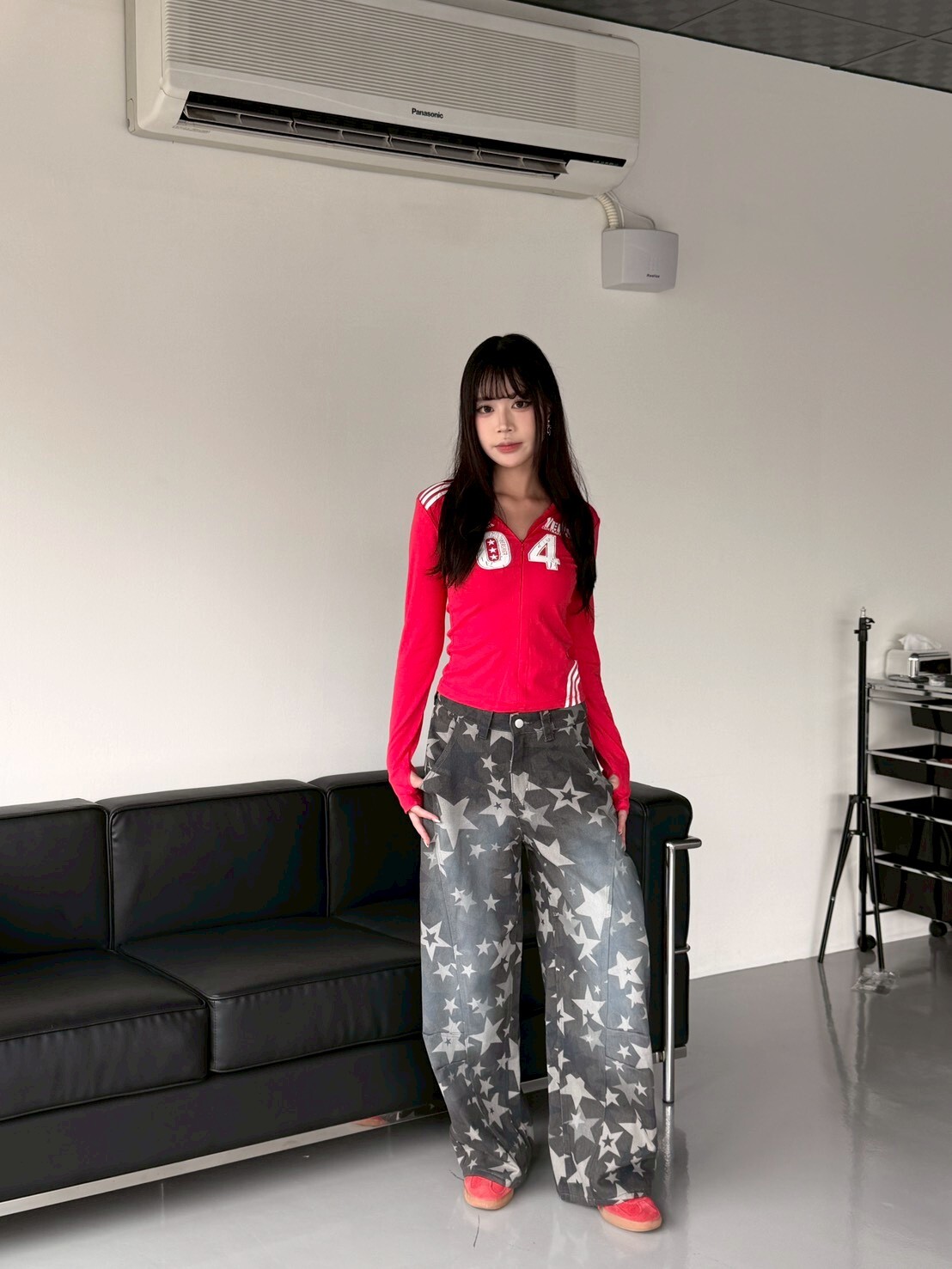 Fashion★ 水洗漸變星星刷色 直筒闊腿褲