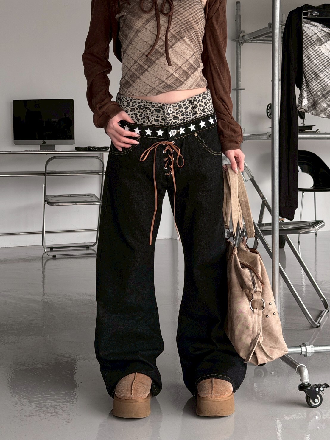 澀谷街頭辣妹 豹紋拼接雙褲頭