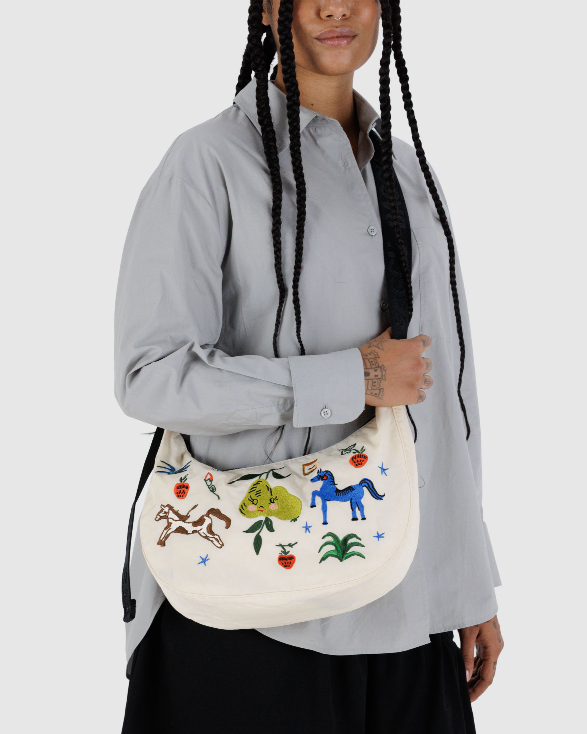 Medium Nylon Crescent Bag - Embroidered Painted Prairie | BAGGU