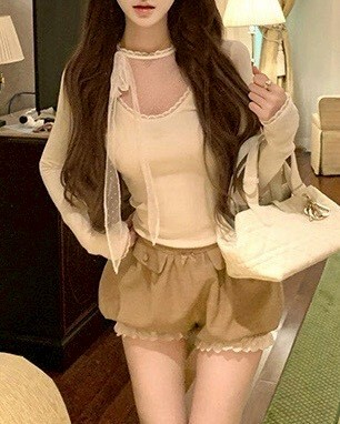 設計師家棉麻蕾絲邊花苞短褲