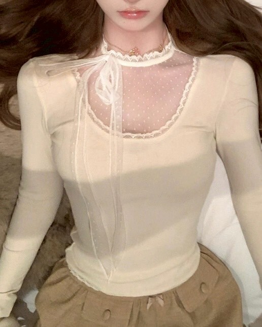 設計師家棉質拼接波點網紗小立領上衣