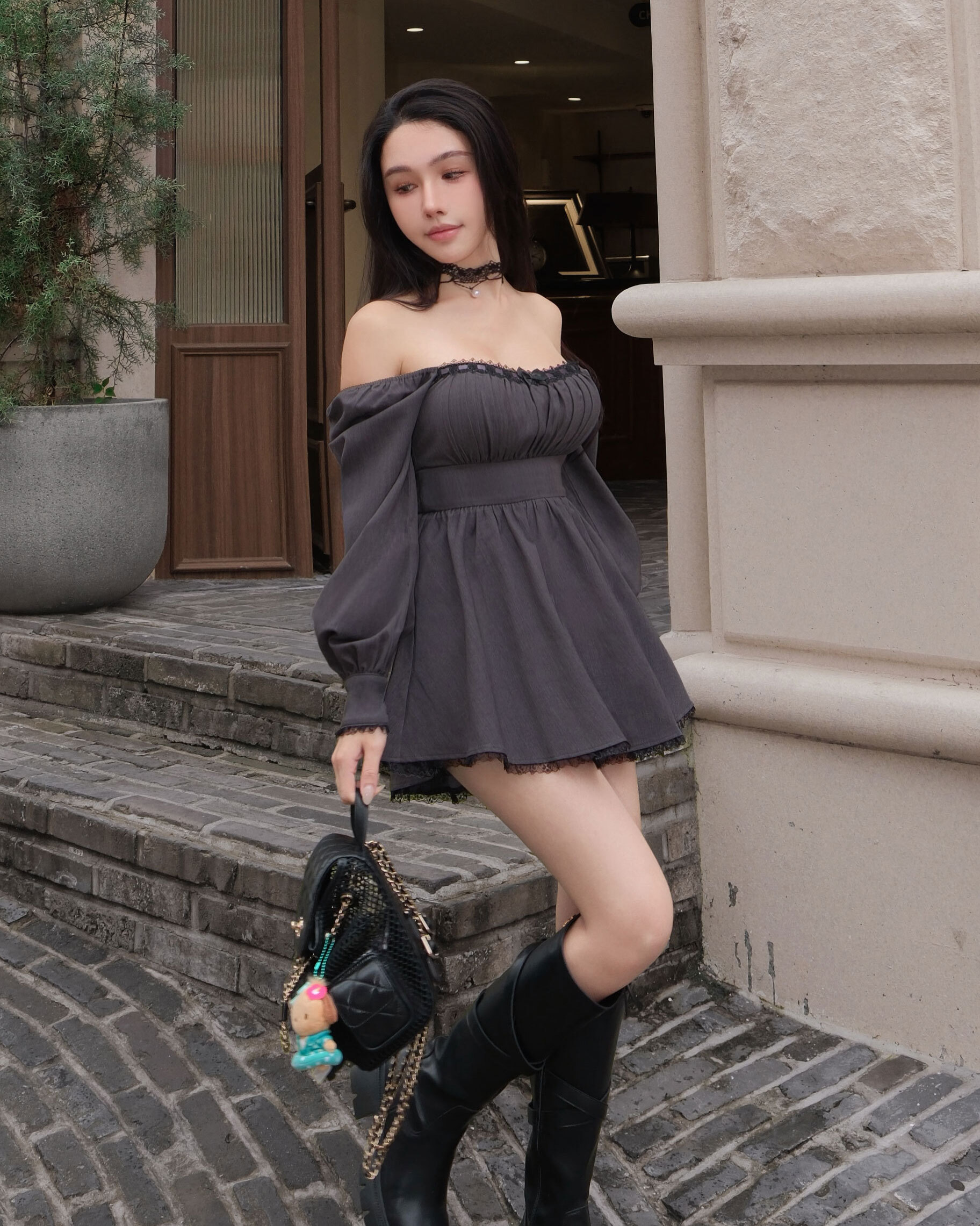 訂製-純欲方領蕾絲撞色連身褲裝