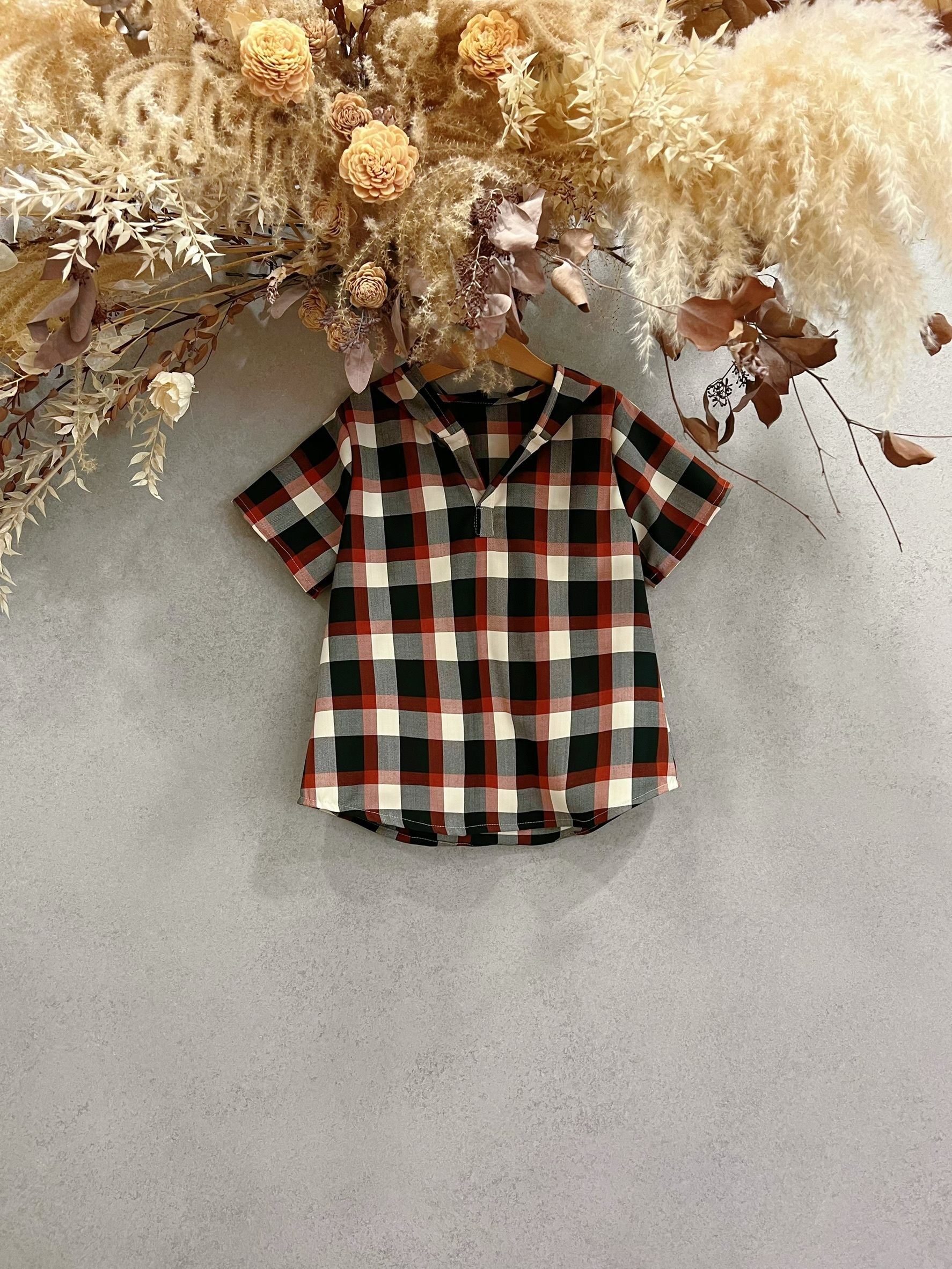 咖啡格 V領連帽短袖上衣(130)