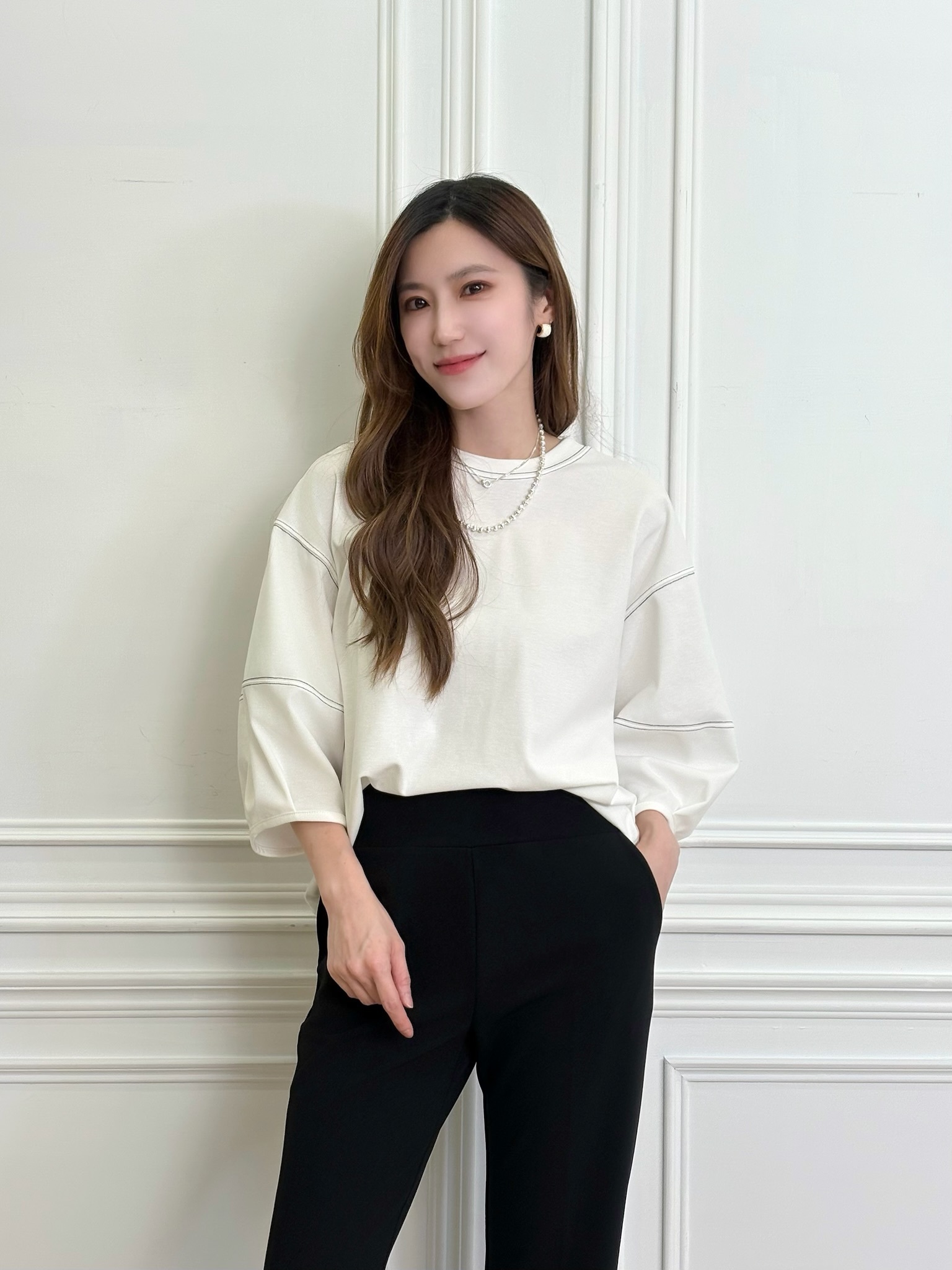 七分澎袖滾邊棉料T