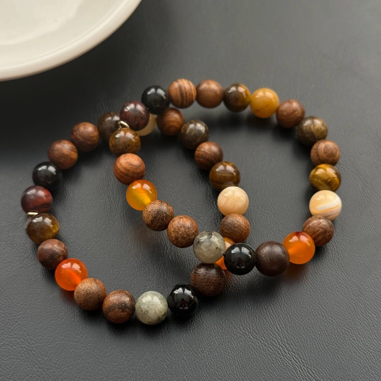 [原石] 白母貝+紅瑪瑙+虎眼 檀木手串