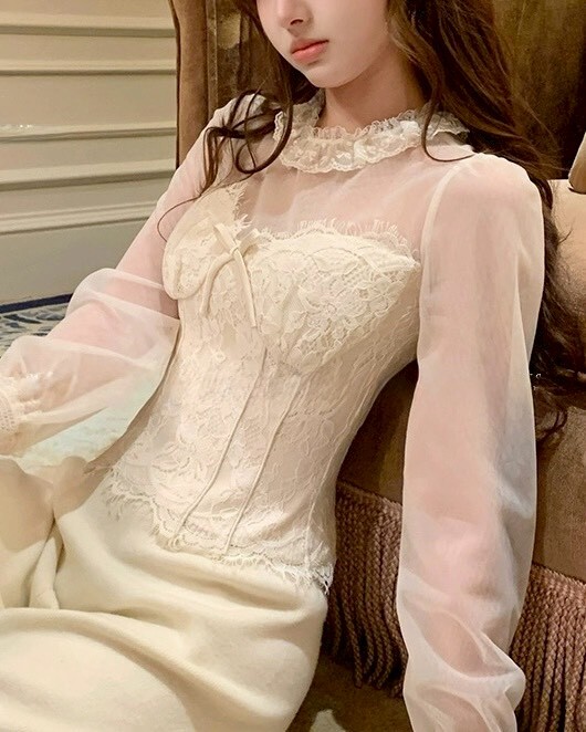 設計師家復古網紗拼接蕾絲收腰上衣