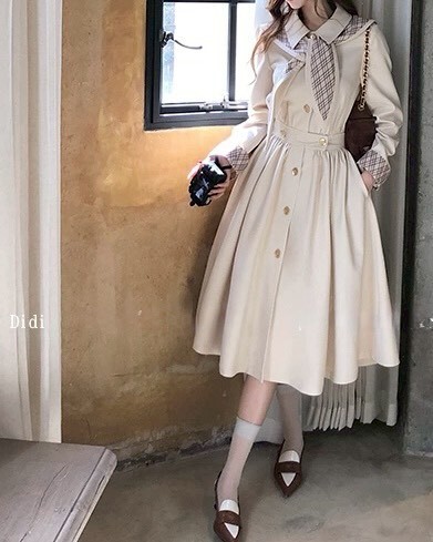 設計師家英倫感配格紋領巾可拆外套洋裝