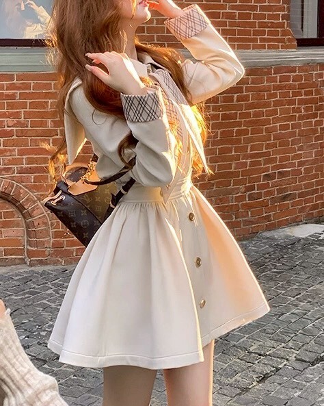 設計師家英倫感配格紋領巾可拆外套洋裝