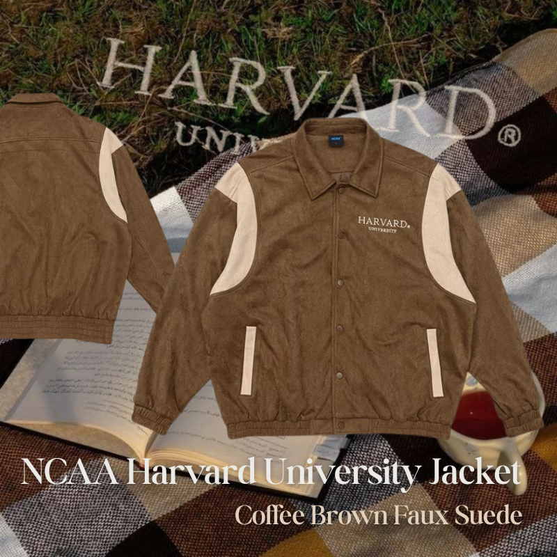 NCAA Harvard University Coach Jacket “Coffee Brown”｜Faux Suede Collegiate Retro Style
