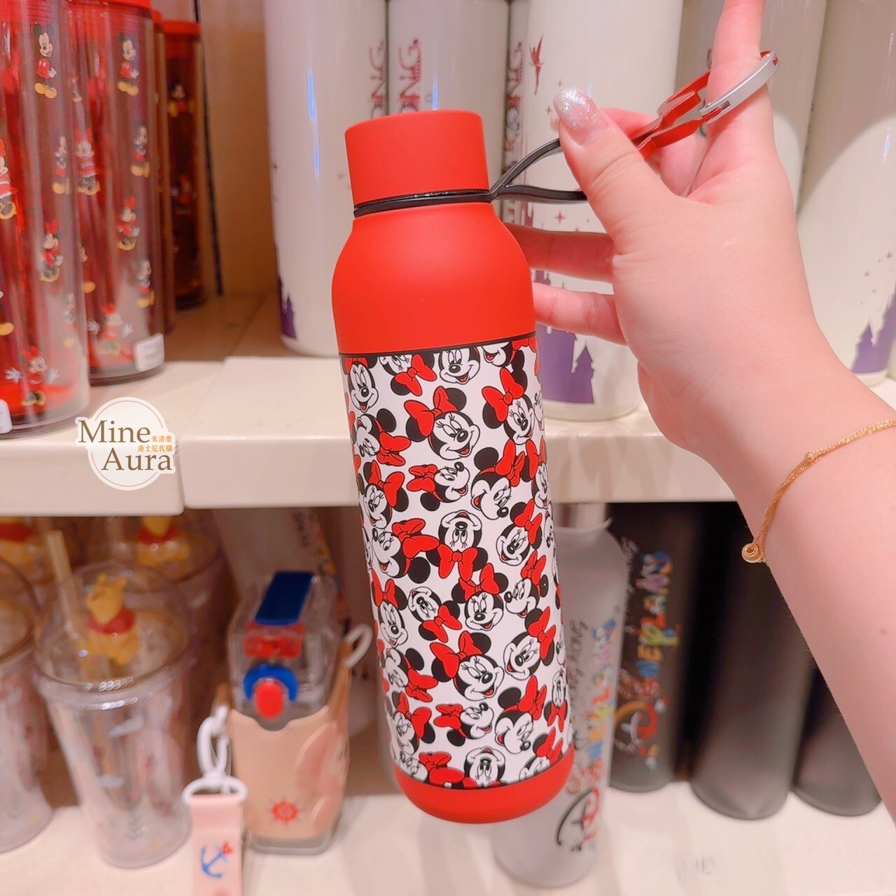 米妮 Minnie 滿版 圖案 紅色 造型扣環 水壺 -香港迪士尼樂園