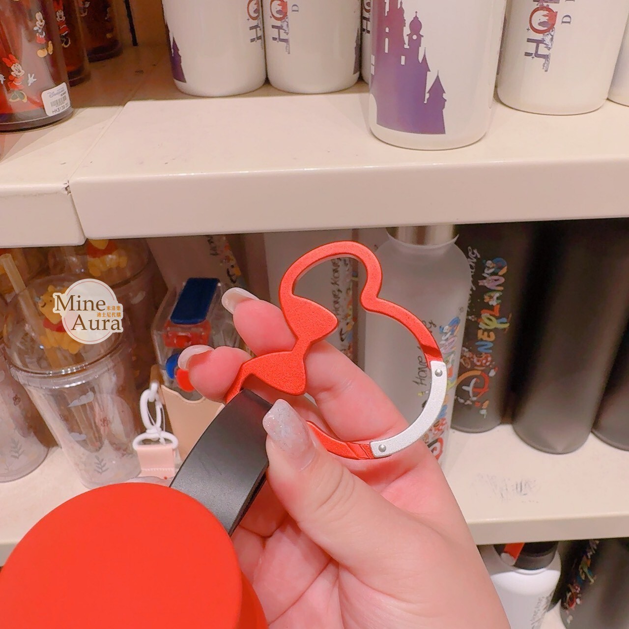 米妮 Minnie 滿版 圖案 紅色 造型扣環 水壺 -香港迪士尼樂園