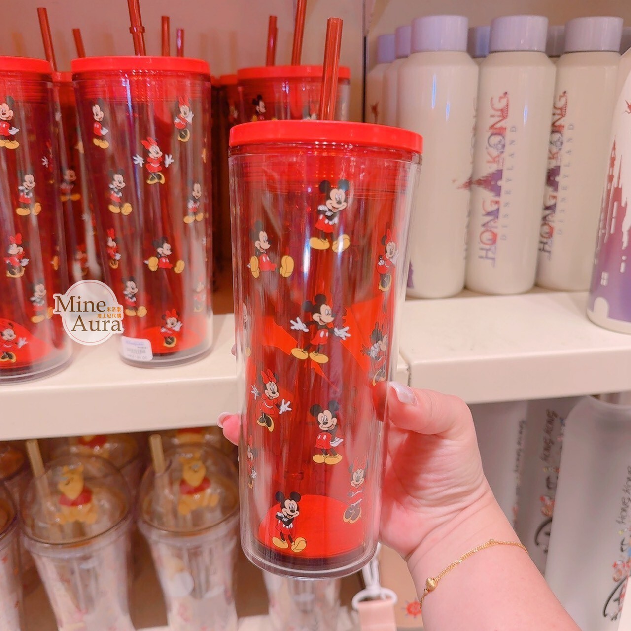 米奇 Mickey 米妮 Minnie 全身站姿滿版圖案 紅色 吸管 水杯 -香港迪士尼樂園