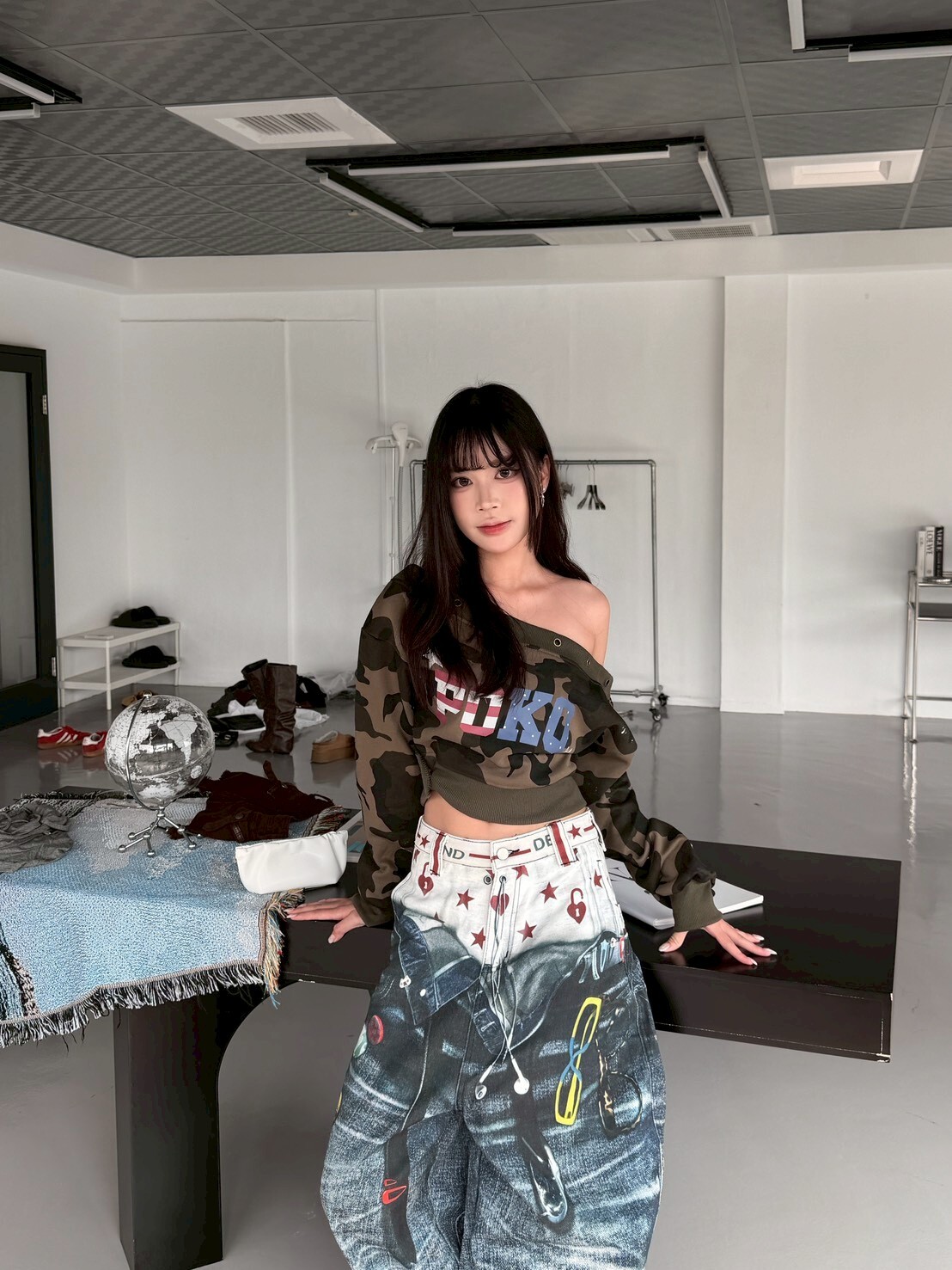 站那就是兵 美式印花迷彩斜肩上衣