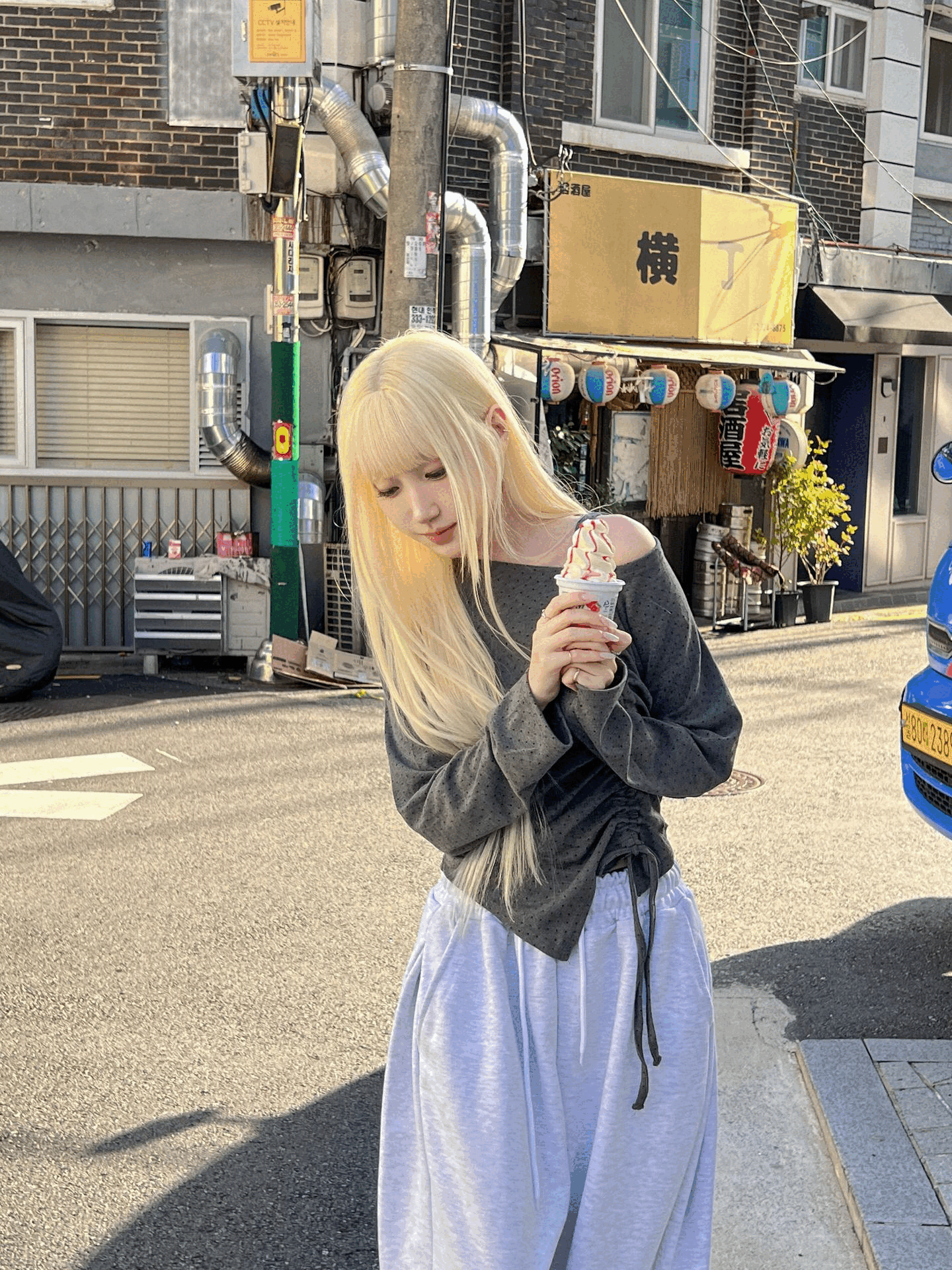 波點抽繩單肩長袖上衣〈🇰🇷DAY 3〉