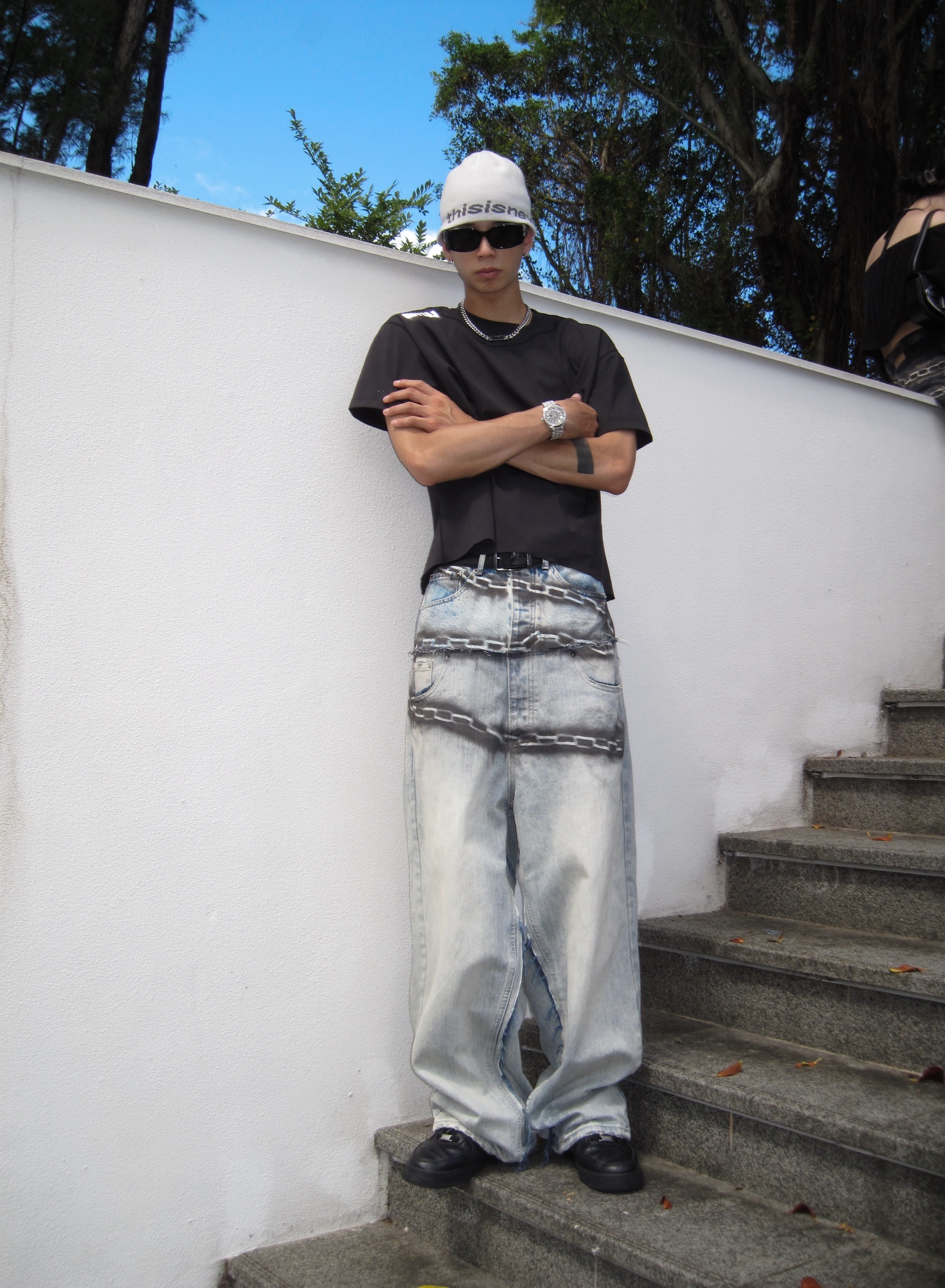 低腰鍊條牛仔褲