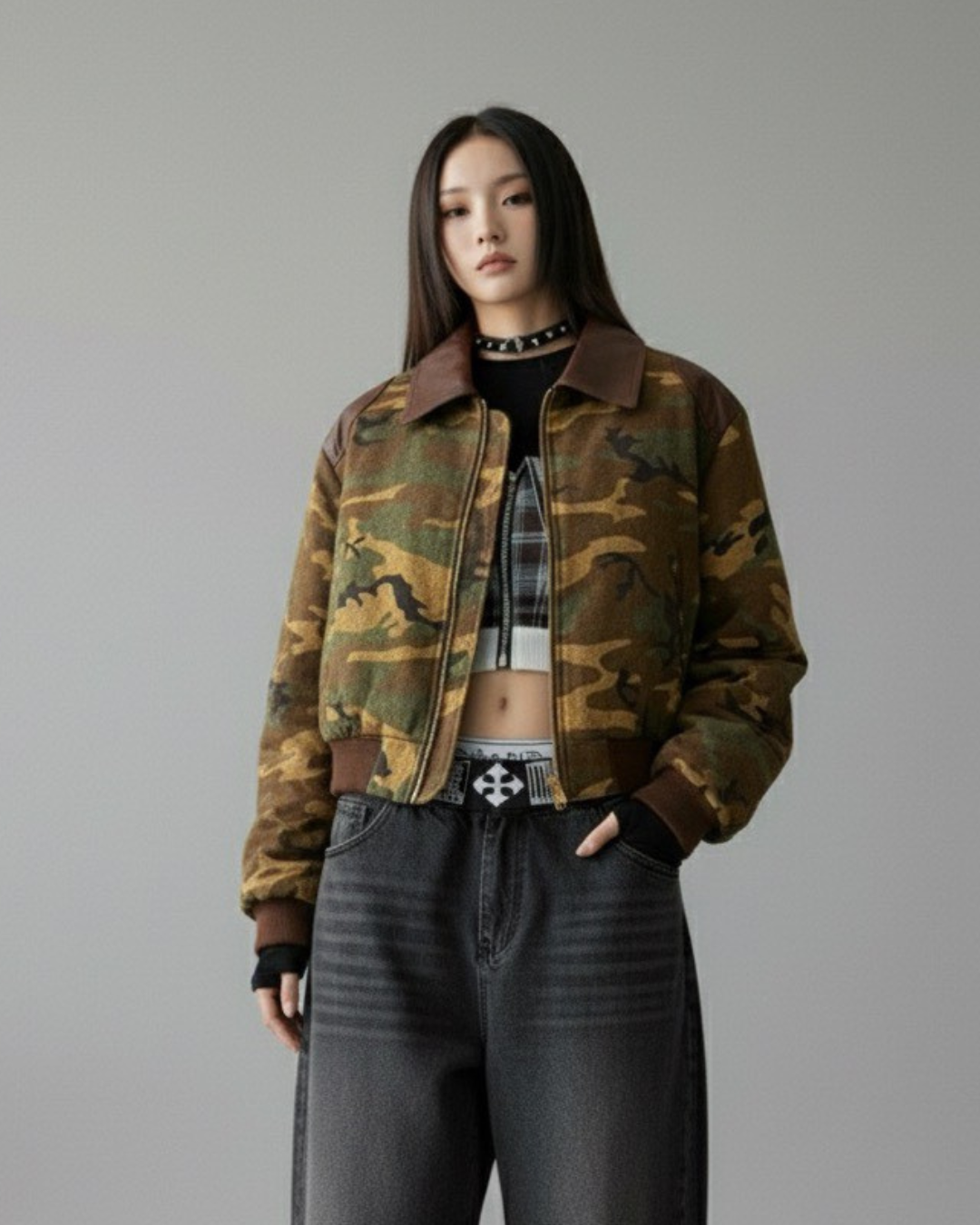迷彩領皮短款牛仔外套