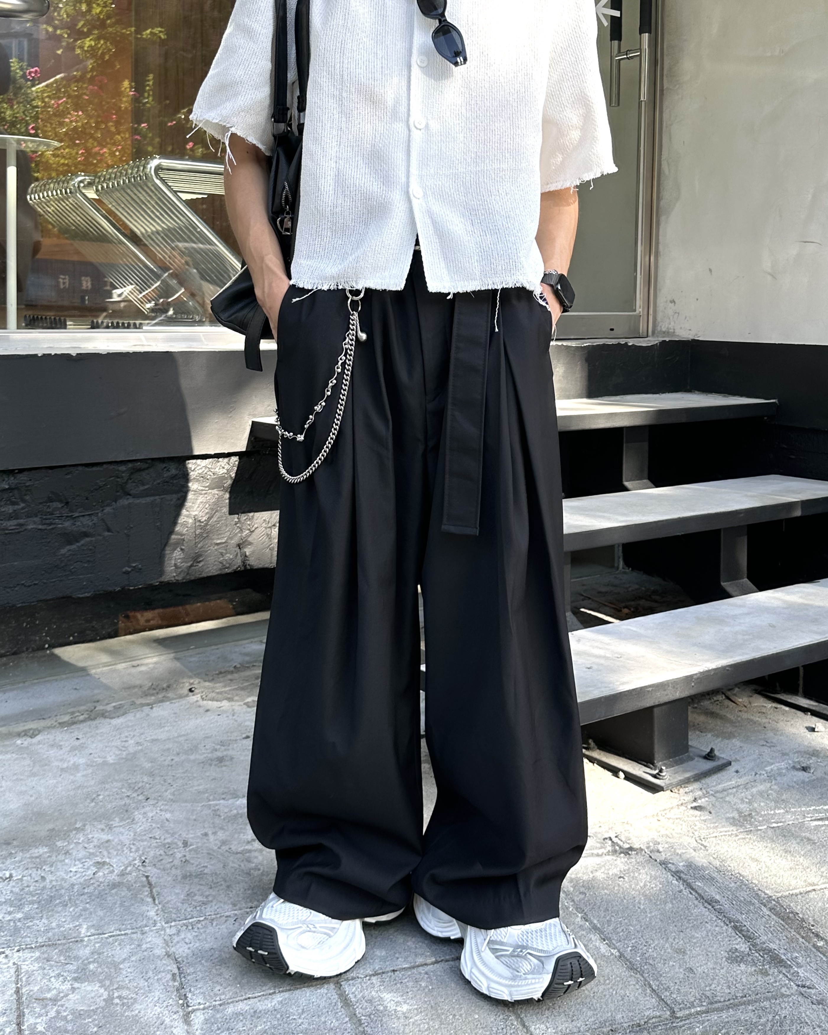 𝐇·𝐓·𝐒 韓國 冰絲序曲 吊帶設計 前開叉 立體打褶 落地 西裝 長褲