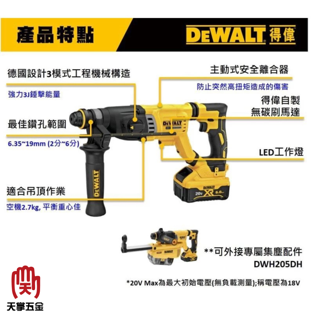 得偉 DEWALT 20V 無刷 四溝 三用電鎚鑽 DCH263N 空機 DCH263