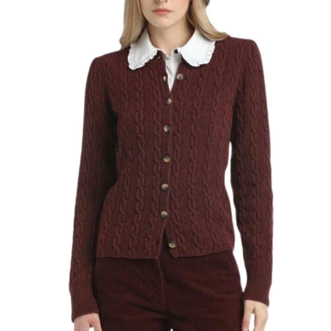 1LS1015-001 LUISA SPAGNOLI Cervino Cable Knit Sweater Cardigan Brown #100122.2462 (C-EU-E)