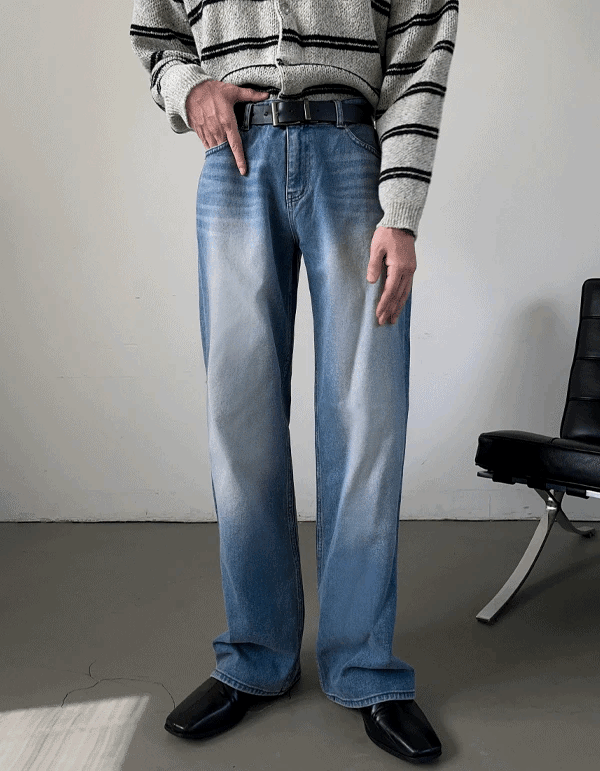 重度刷色半寬牛仔褲